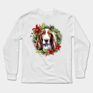 Christmas Basset Hound Dog Wreath Long Sleeve T-Shirt